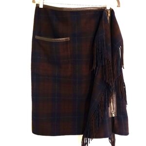 Hermes Plaid Cashmere Fringe skirt side zipper closure